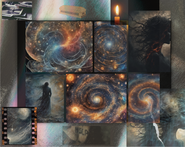 A collage containing images of galaxies, a long haired person staring into a faraway landscape, a coffin floating in space, a film negative and a lit candle.